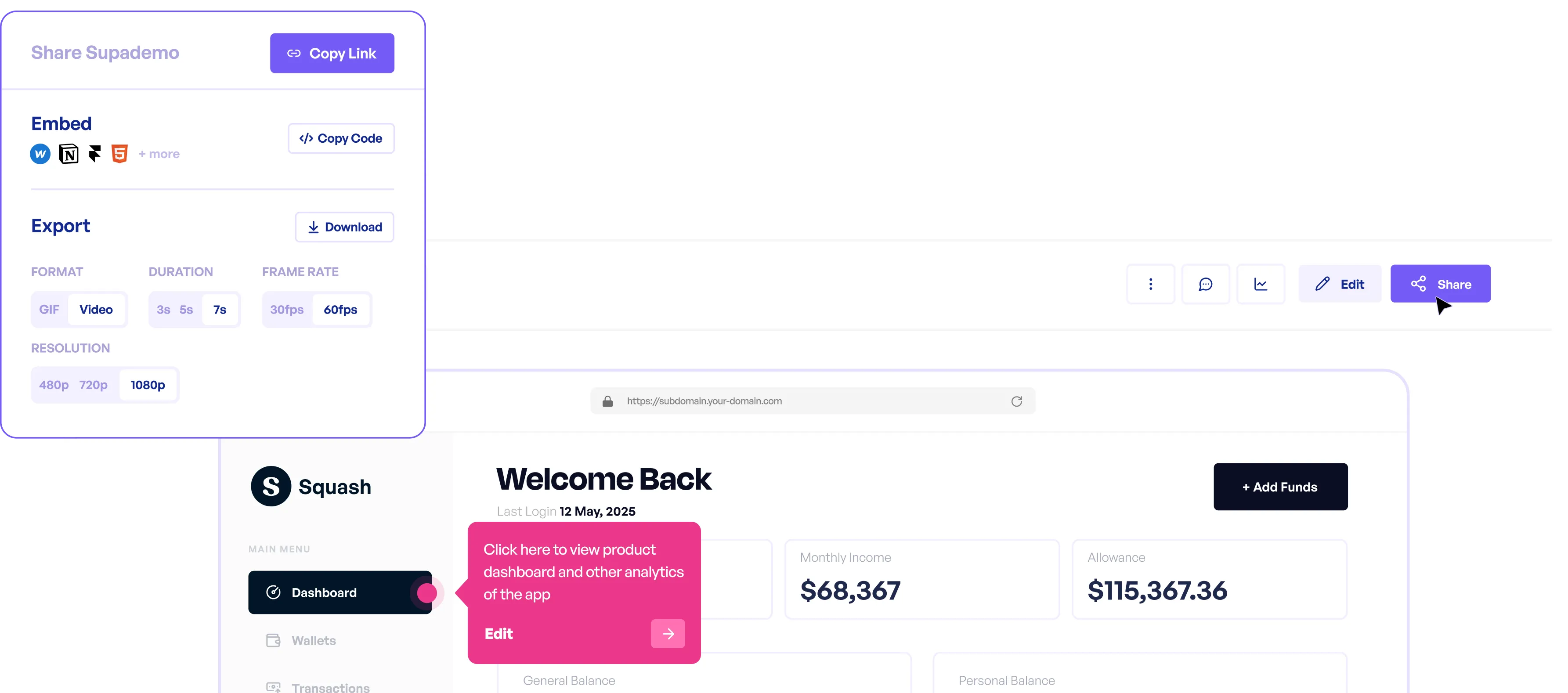 Supademo sharing features menu with export, embed, and download options shown above a dashboard interface.