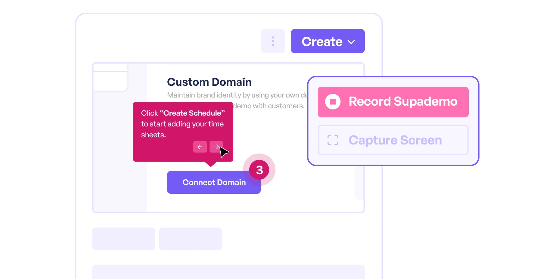 Guided Interactive Demos section displaying an interactive demo interface with highlighted instructions and the option to record Supademo.