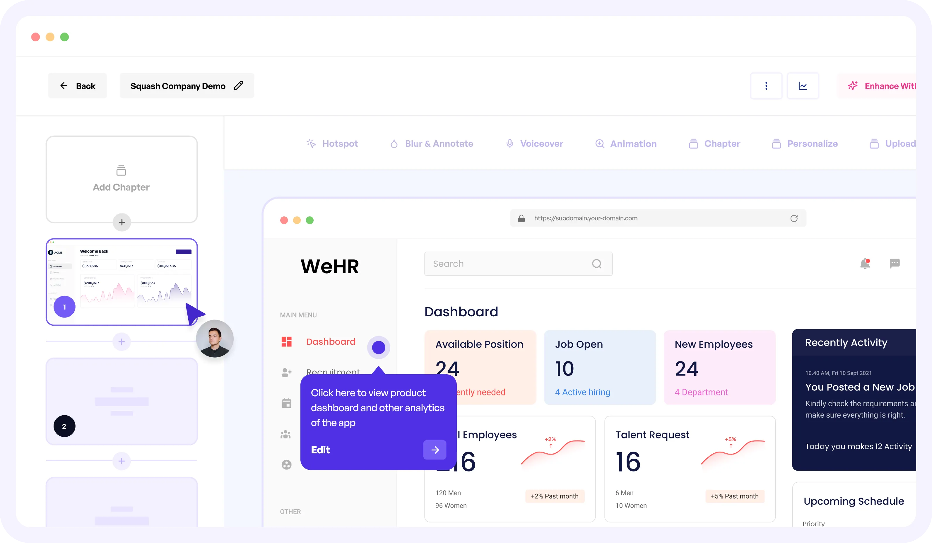 Supademo demo editor with chapter selection, dashboard preview, and AI voiceover options for no-code interactive demos.