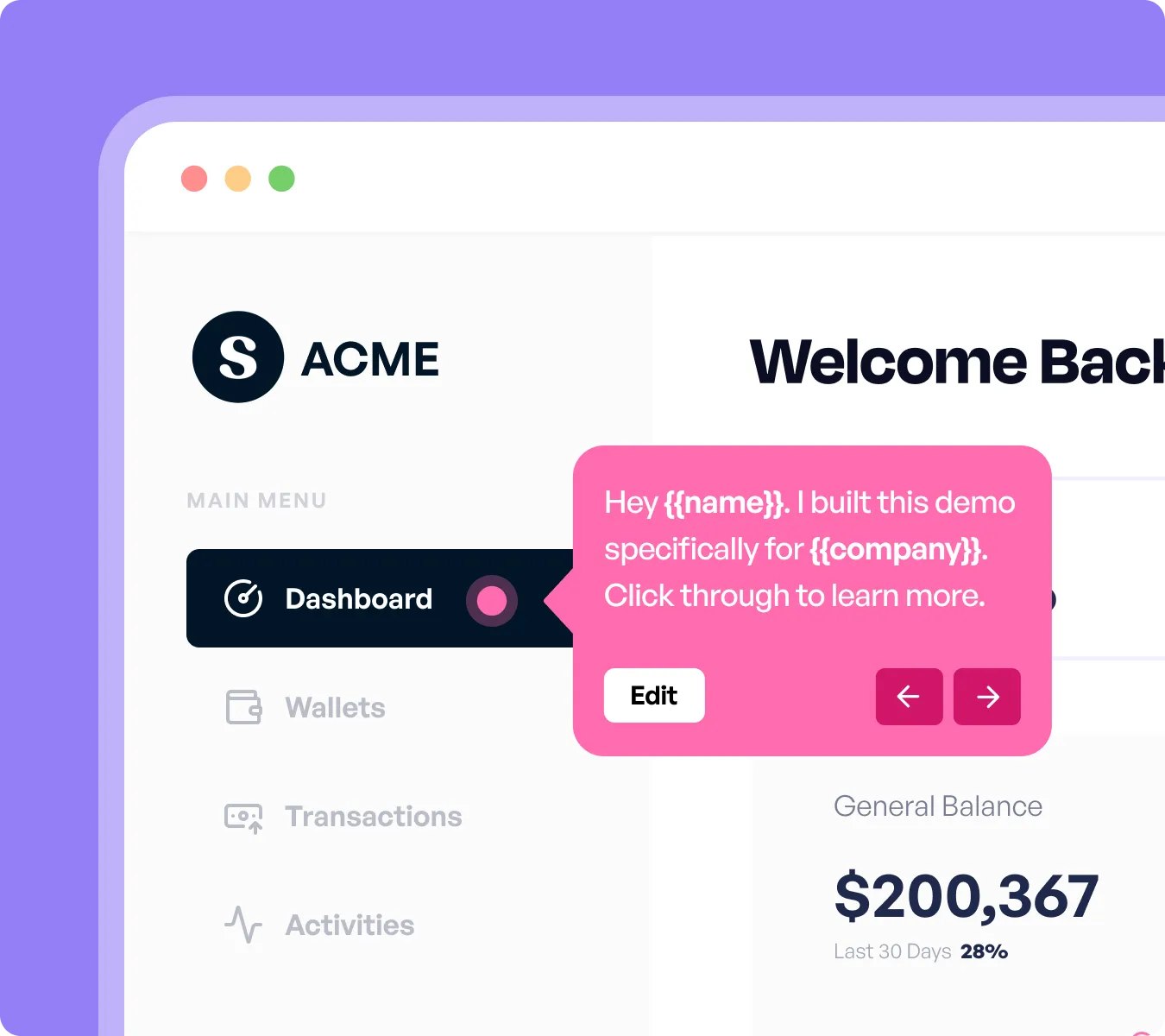 Supademo personalization menu with dynamic variables, illustrating user-specific messaging using name and company tokens.