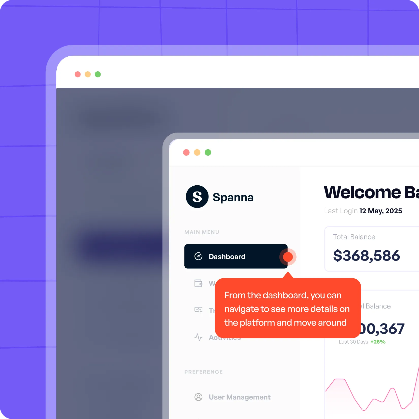 Interactive product demo screen for webinars showing dashboard stats and an onboarding message.