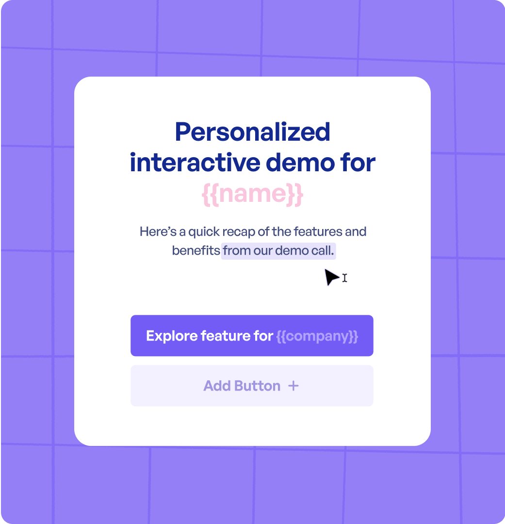 Supademo branching and variables menu with personalized demo interface featuring viewer name and company tokens.