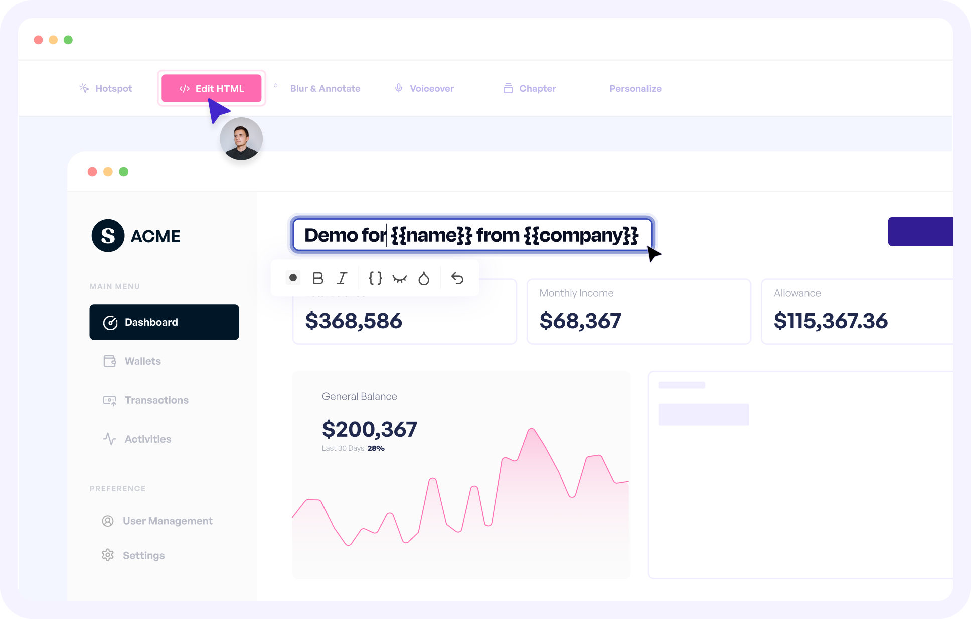 Supademo editing interface showing customizable demo text with variables, dashboard preview, and HTML/CSS personalization options.