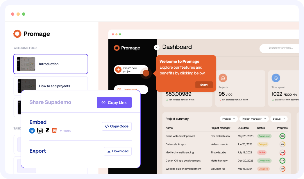Supademo sharing menu overlaid on a product dashboard, showing options to copy link, embed, and export interactive demos for easy sharing and onboarding.