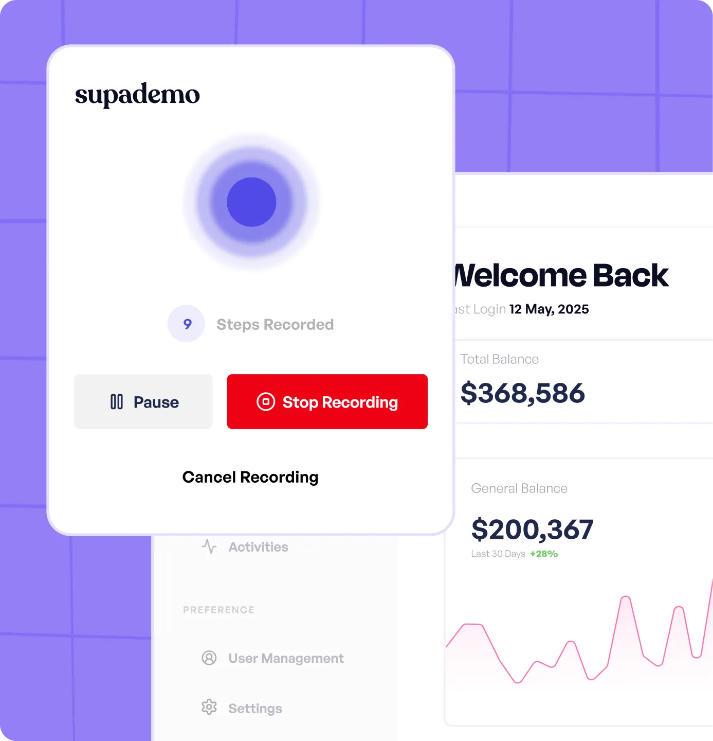 Supademo recording interface with a highlighted button to stop recording, illustrating the "Hit Record" feature.