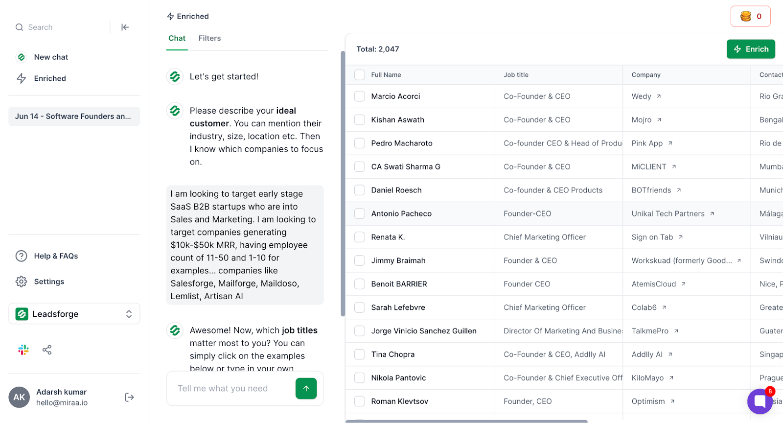 Alt text: Leadsforge homepage UI showing chat-based lead generation