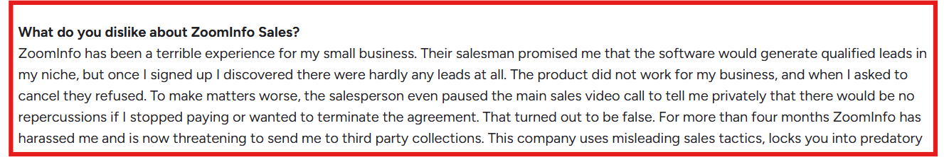 ZoomInfo G2 review about contract terms.