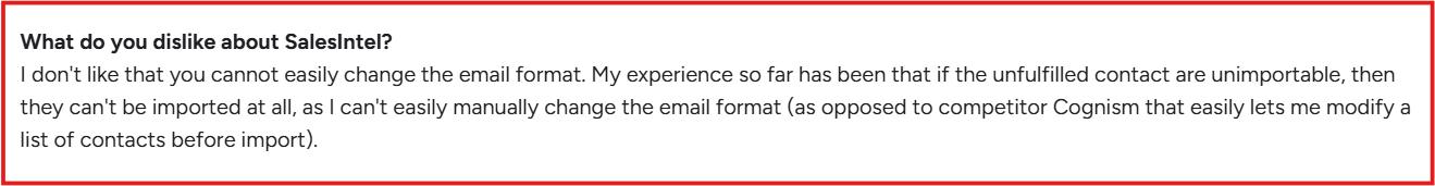 SalesIntel G2 review about email format editing