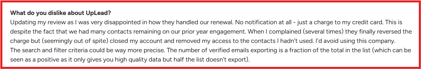 UpLead G2 review about renewal issues