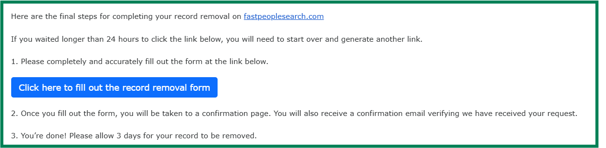 Email to fill out the record removal form