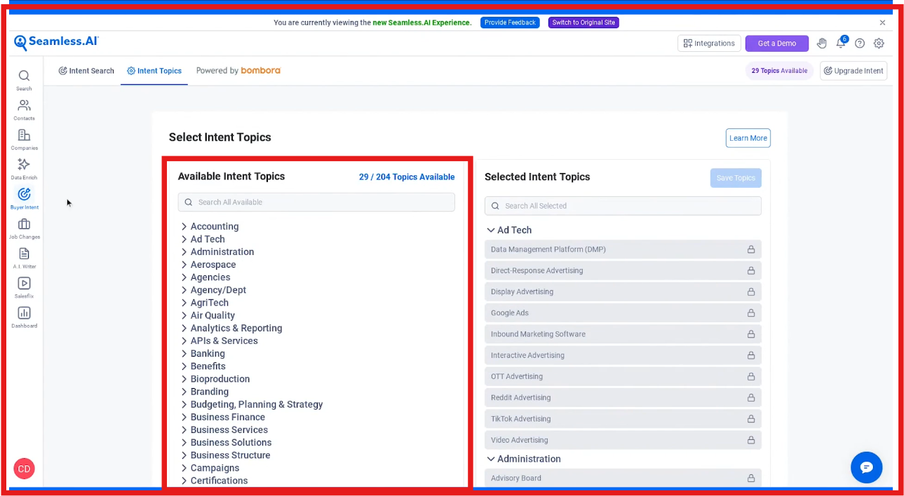 Seamless.ai available intent topics 