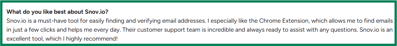 Snov G2 review about its support team and chrome extension