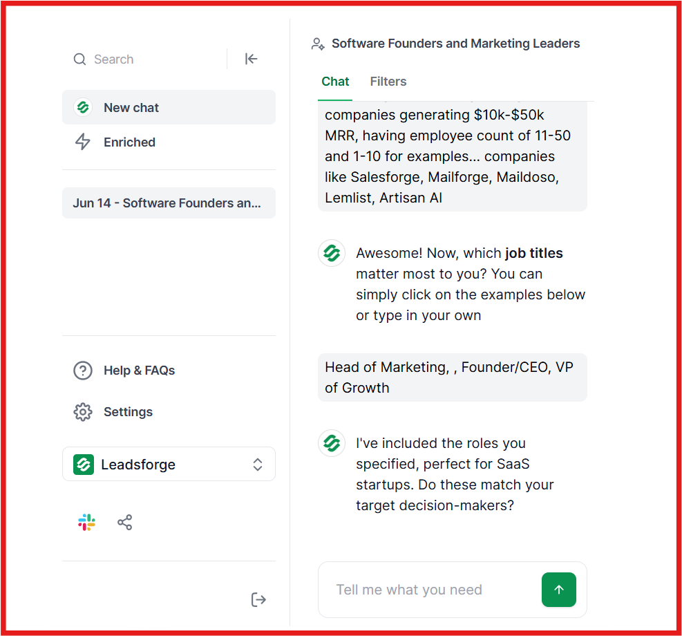 Leadsforge chat-like interface