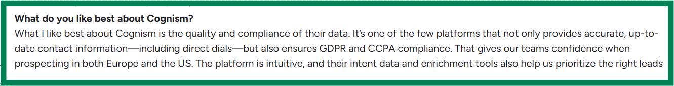 Cognism G2 review about its accurate GDPR compliant data