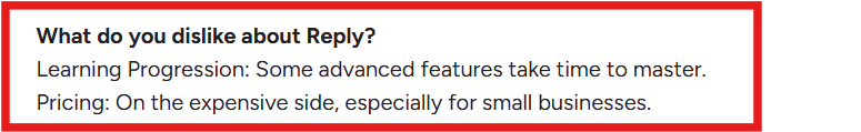 Reply.io G2 review about its pricing and learning progression