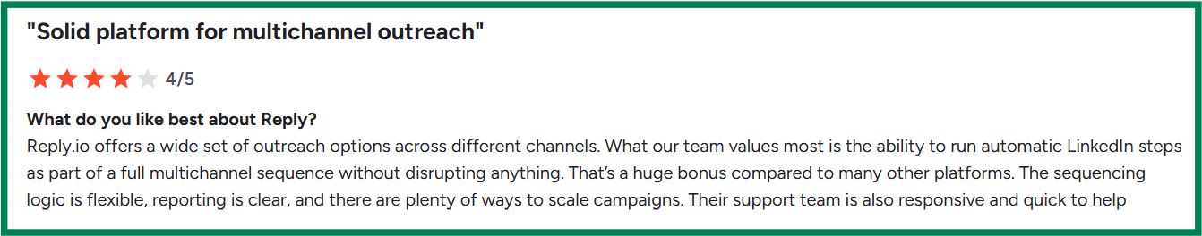 Reply.io G2 review about its multichannel outreach