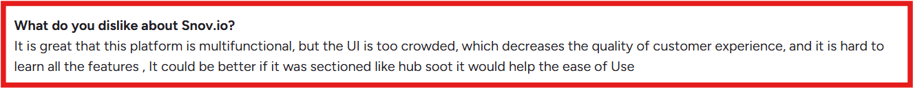 Snov G2 review about its crowded UI 