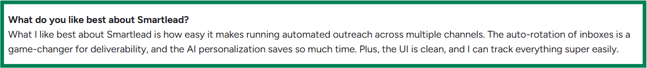 Smartlead G2 review about its inbox rotation
