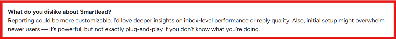 Smartlead G2 review about its reporting dashboard