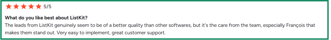 ListKit G2 review about its lead quality