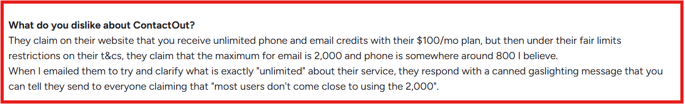 ContactOut G2 review about misleading data