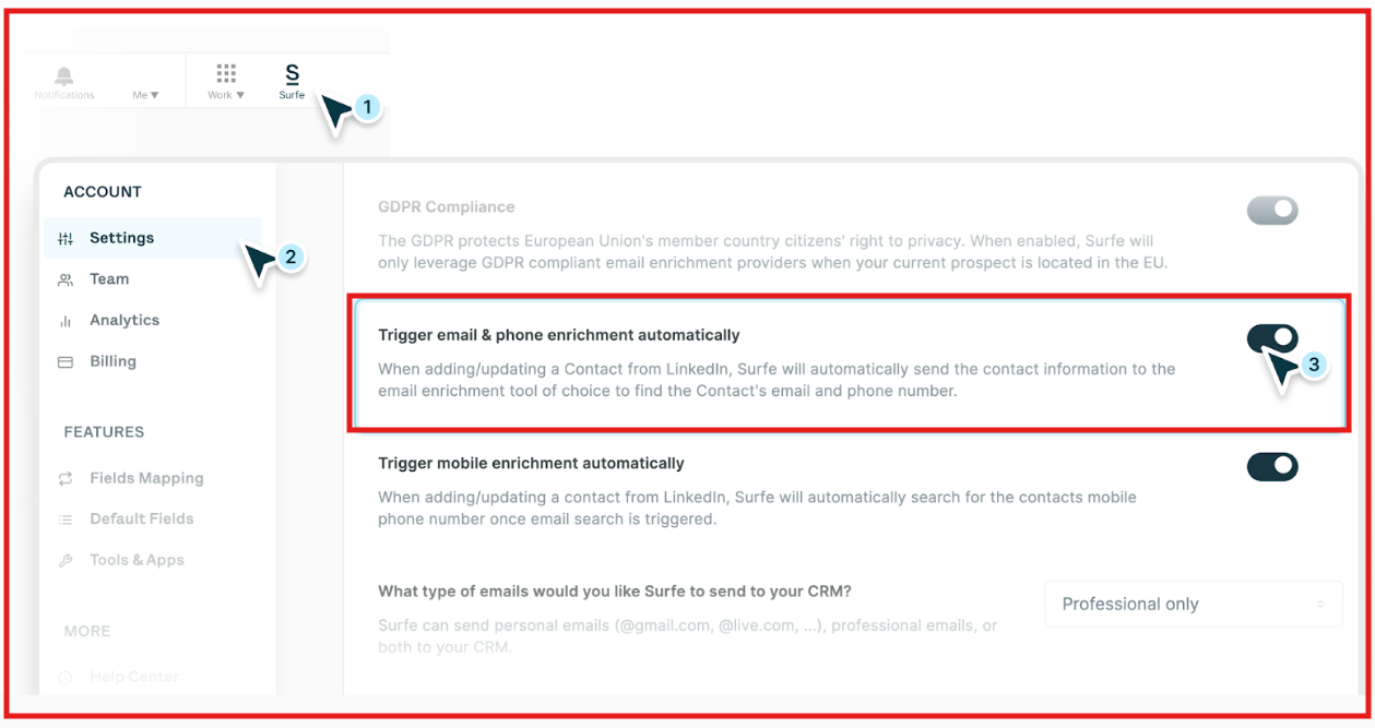 Surfe enrichment settings