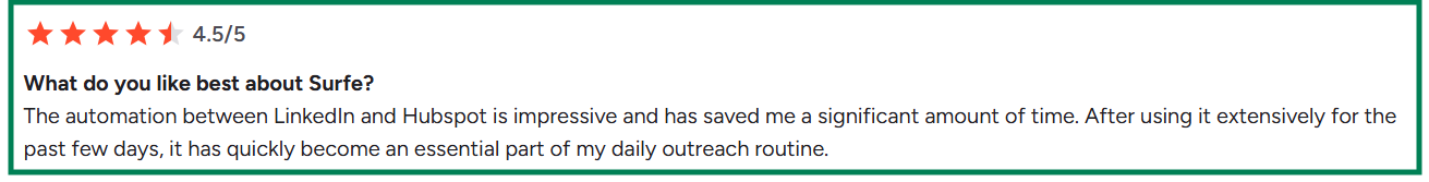 Surfe G2 review about its automation