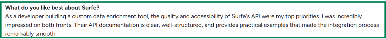 Surfe G2 review about its API 