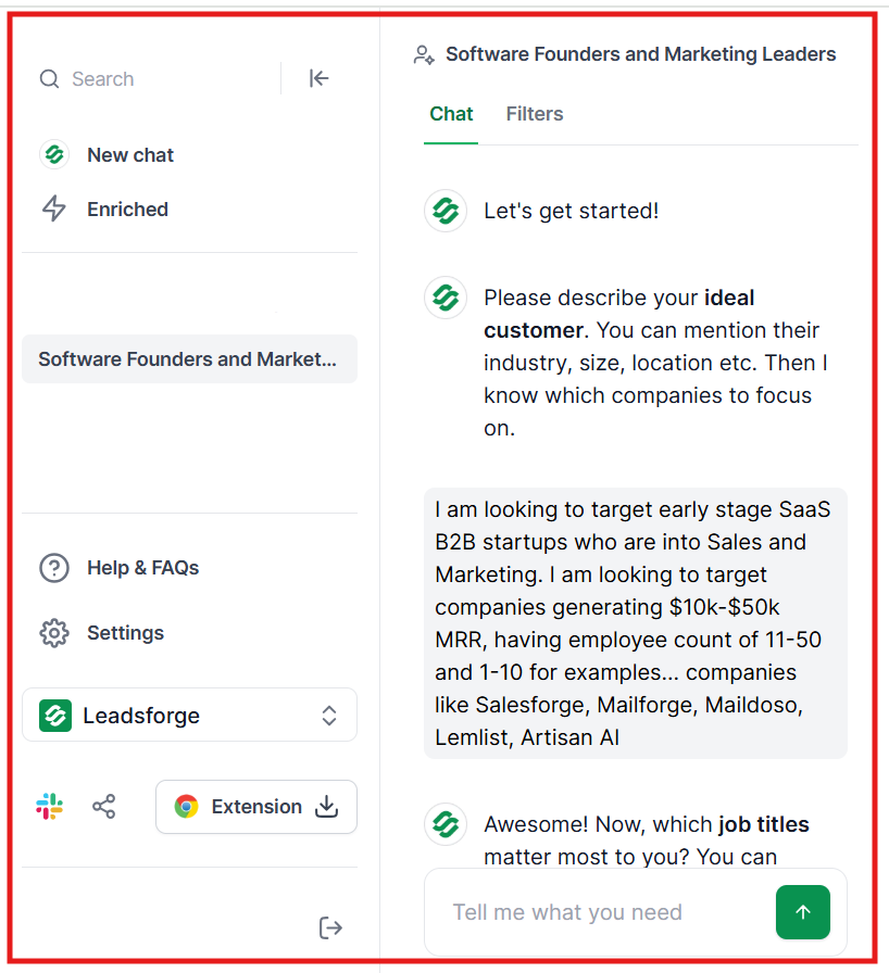 Leadsforge chat-based interface