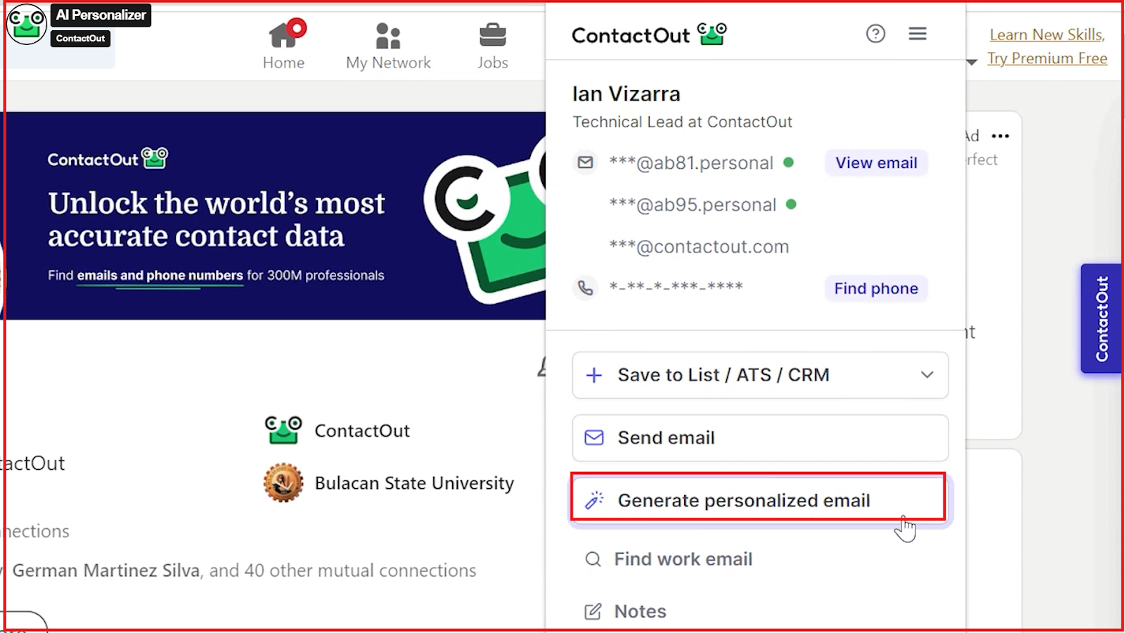 Generate personalized email with ContactOut AI personalizer