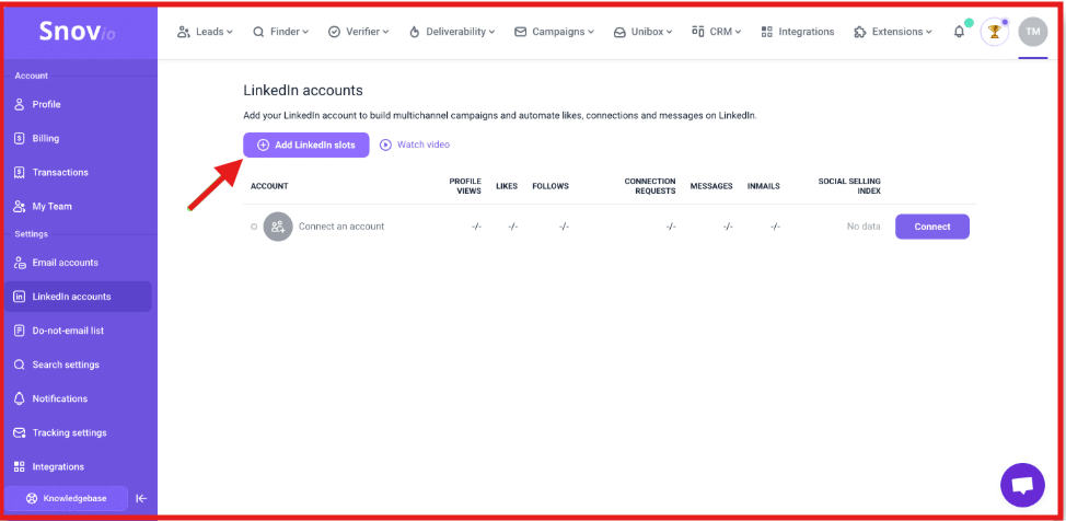 Connect your LinkedIn accounts on Snov