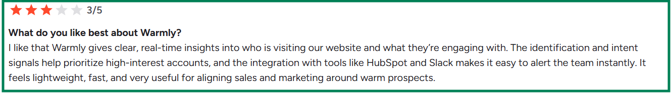 Warmly AI G2 review about insights