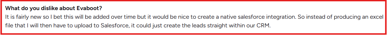 Evaboot G2 review about its Salesforce integration
