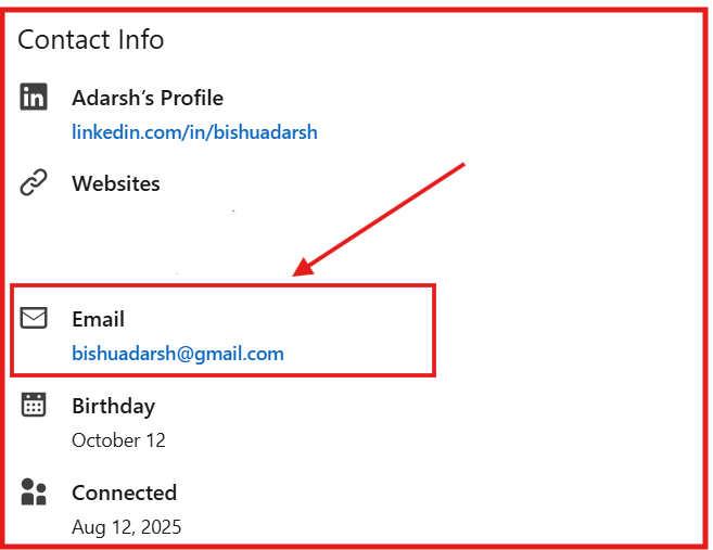 Find email address in the contact info section on LinkedIn