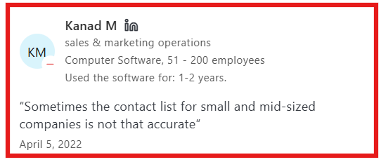 DiscoverOrg Capterra review about accuracy of data