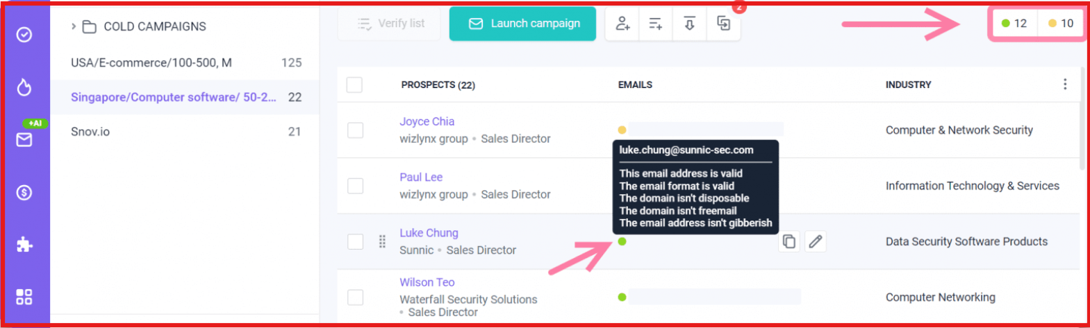 Email verification feature by Snov