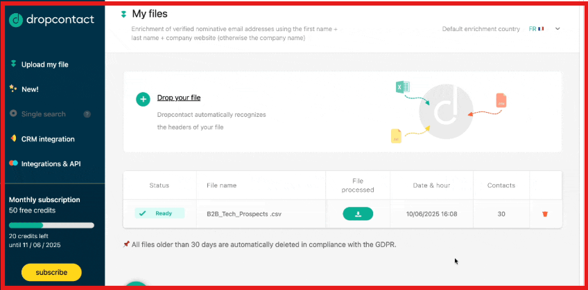 Drop your file on DropContact