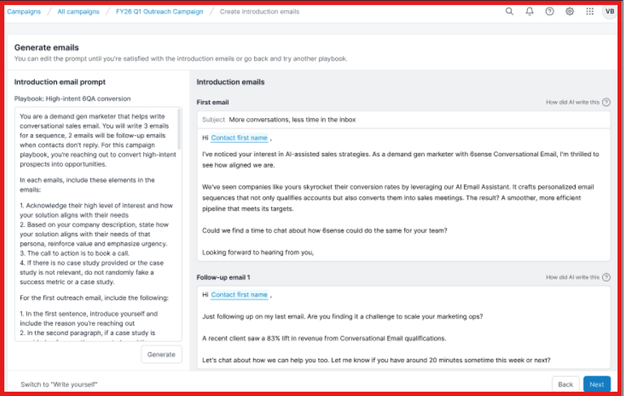 Write AI email campaigns with 6Sense