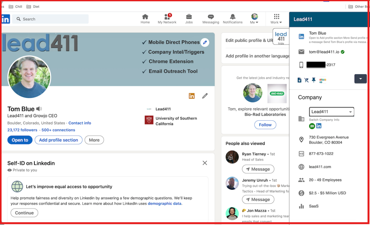 Example of Lead411 chrome extension finding details