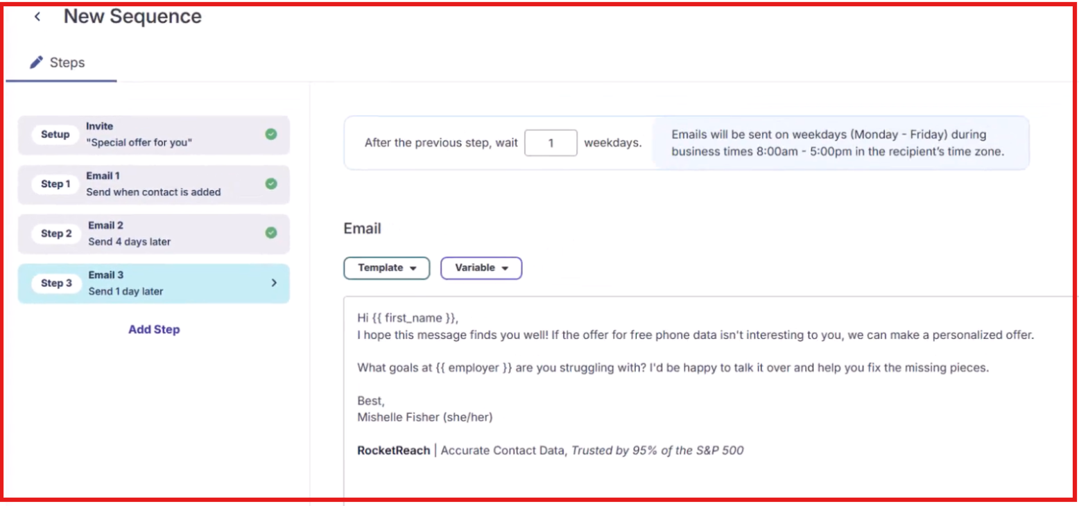 Rocketreach simple sequence steps 
