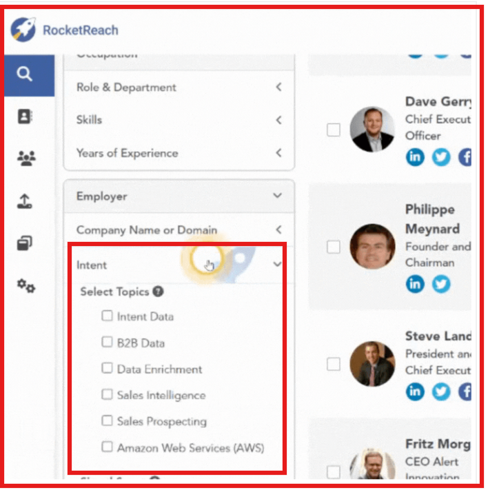 Rocketreach intent filters settings