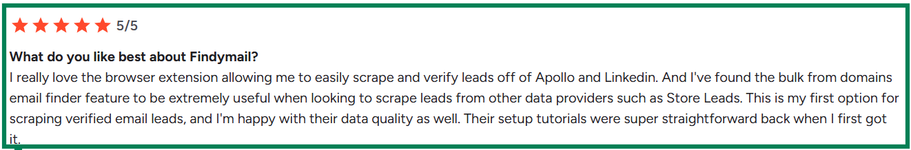 Findymail G2 review about chrome extension