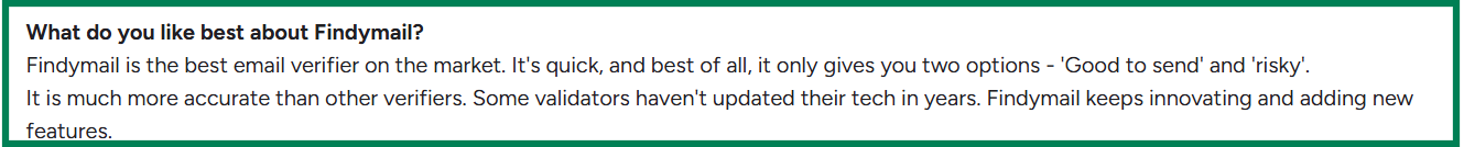 Findymail G2 review about email accuracy