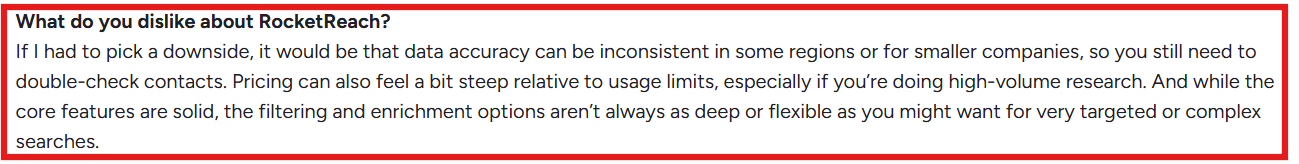 Rocketreach G2 review about data inaccuracy