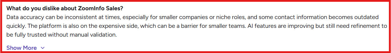 Zoominfo G2  review about data inaccuracy