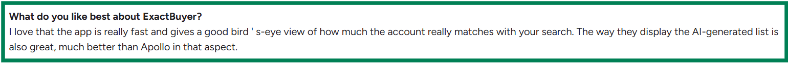 ExactBuyer G2 review about AI-generated list