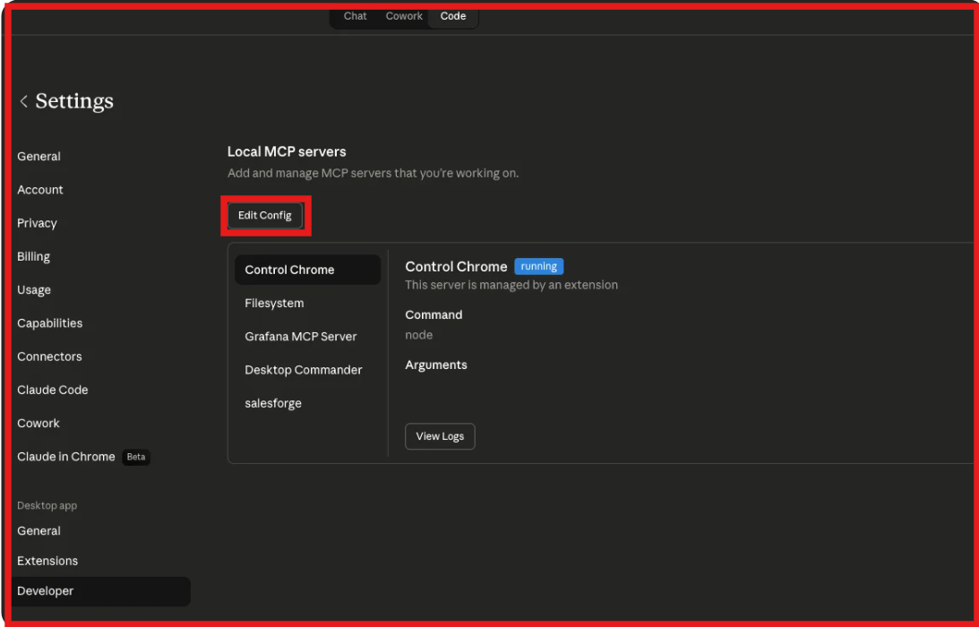 Edit configuration on Claude desktop