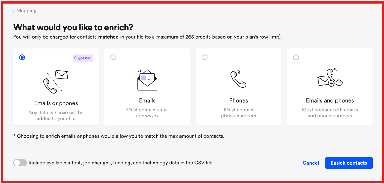Select what you would like to enrich after uploading CSV on Lusha