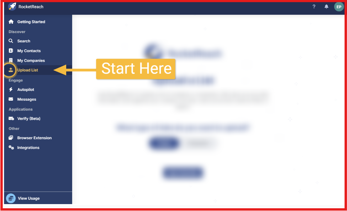 Upload list and submit file for enrichment on RocketReach