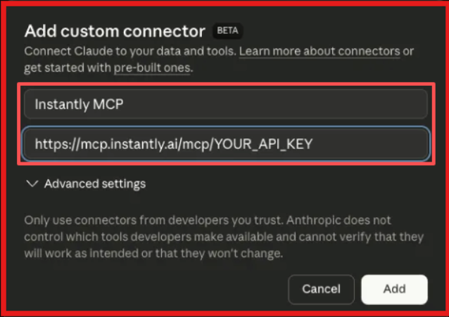 Add custom connector to connect Instantly to Claude